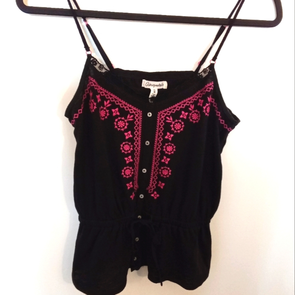 Aeropostale Women's Black Tank Peplum Top with Pink Embroidered Bodice Medium